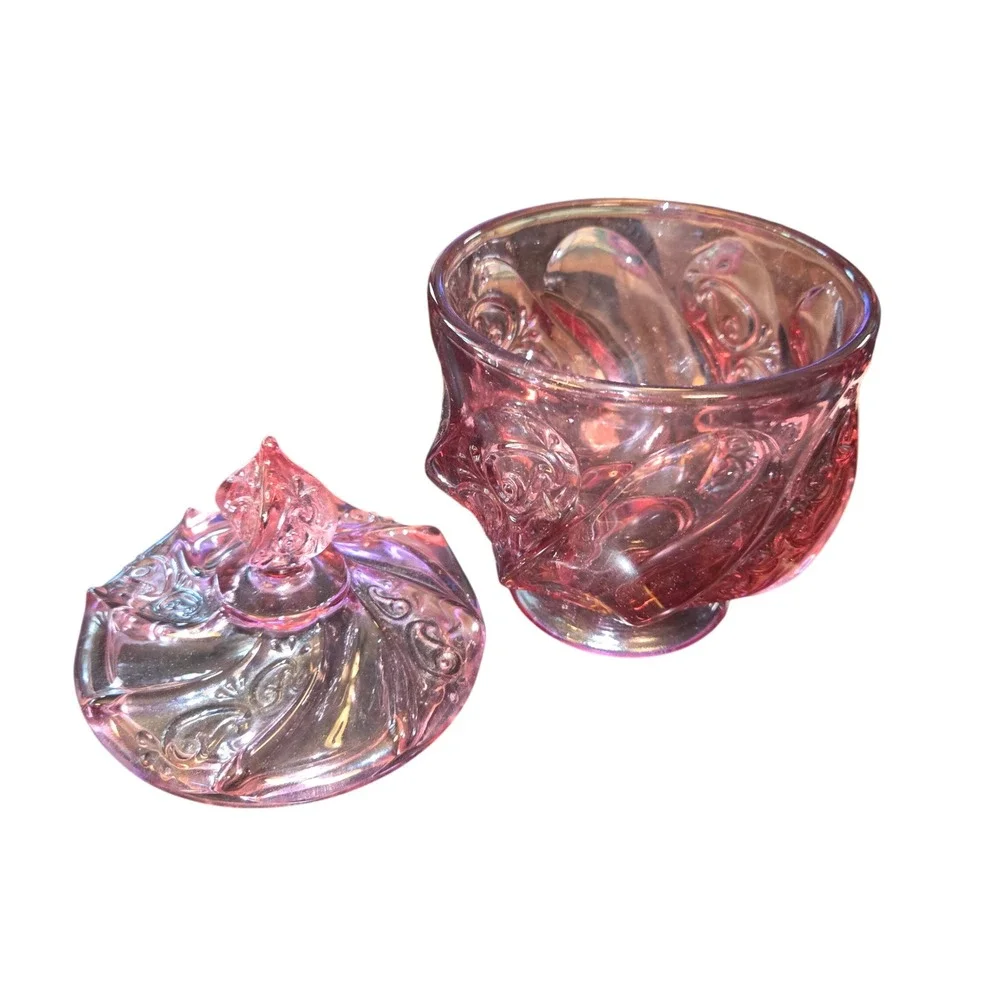 Fenton Signed Candy Dish Pink Paisley Swirl VTG Glass Lid Pedestal Bowl 7.5X5X5